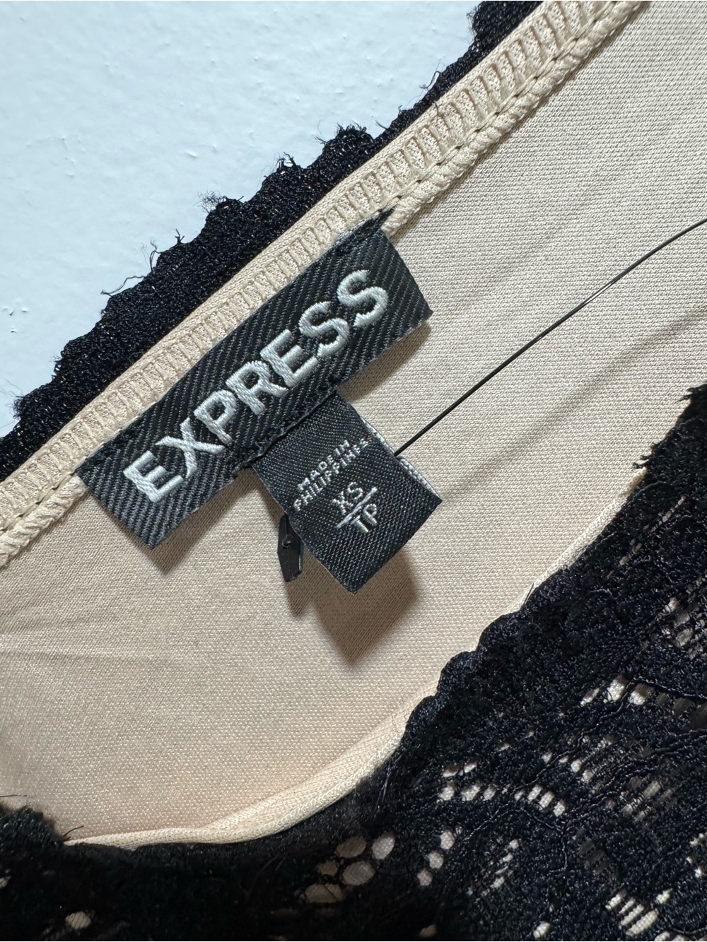 Express Lace V-Neck Thong Bodysuit Black Nude Lined Long Sleeve Size XS - Picture 3 of 5
